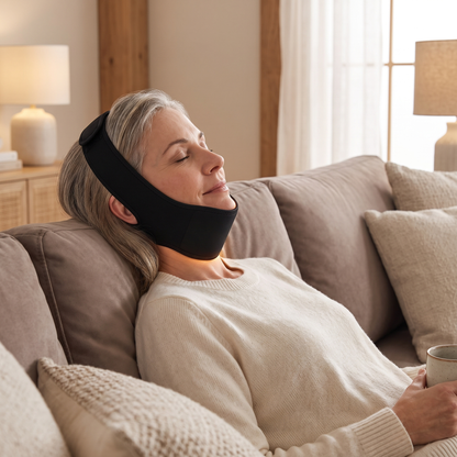 Vrouw draagt de Sculptiva NeckLift ontspannen thuis